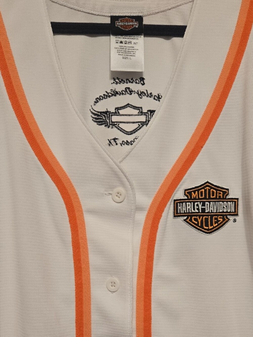 Harley-Davidson White and Orange Baseball-Style Jersey - Picture 6 of 6
